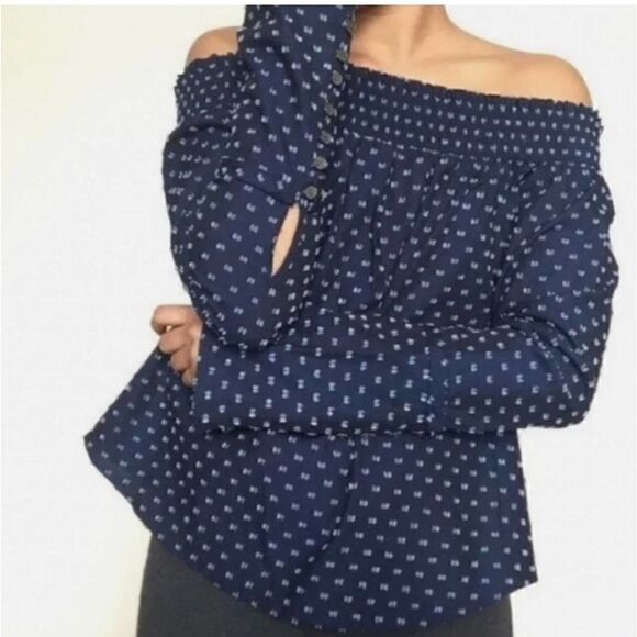 Derek Lam 10 Crosby Navy Clip Dot Off the Shoulder Top Size 2 - Picture 1 of 9